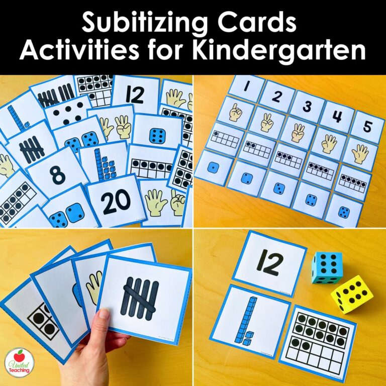 Subitizing cards activities for kindergarten showing dot flash cards, a grid of cards for numbers 1 to 5, a hand holding flash cards, and cards with dice