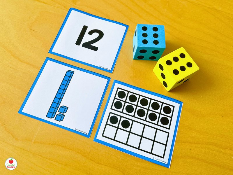 Subitizing cards for number 12 displayed next to green and yellow dice showing the same quantity for kindergarten number sense
