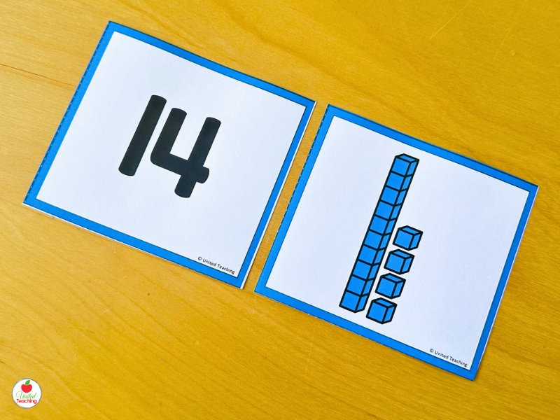 Subitizing cards for teen number 14 showing the numeral and a base ten block representation for kindergarten number sense