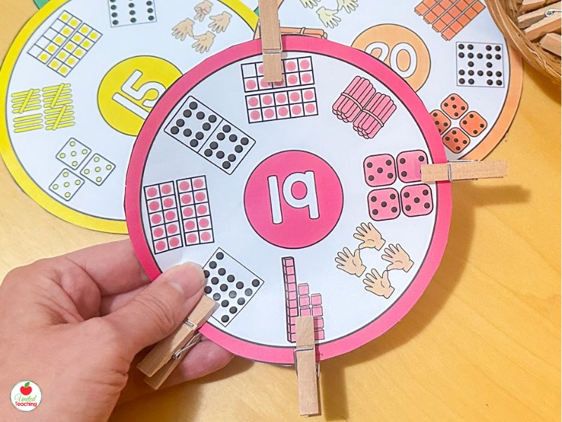 Subitizing clip card for number 19 with a clothespin clipped to the matching representation for kindergarten number sense practice