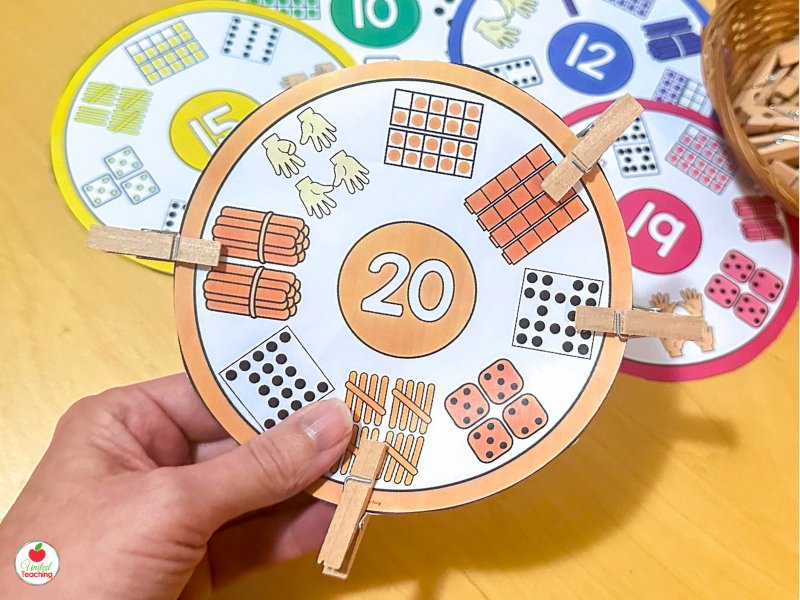 Subitizing clip card for number 20 showing number representations including dice, ten frames, tally marks, and dominoes for kindergarten number sense practice