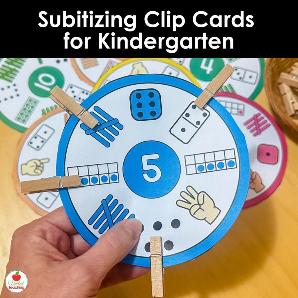 Subitizing clip cards for kindergarten showing a circular number 5 card with clothespins clipped to matching number representations including tally marks, ten frames, dice, and domino patterns