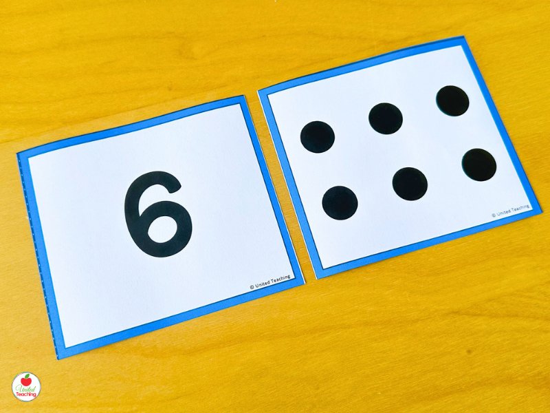 Subitizing dot cards showing numeral 6 and a dot pattern with 6 dots for instant number recognition in kindergarten