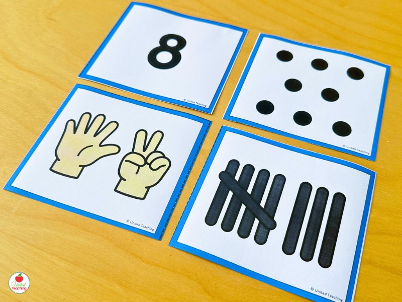 Subitizing dot cards for number 8 showing four representations: numeral, dot pattern, finger pattern, and tally marks