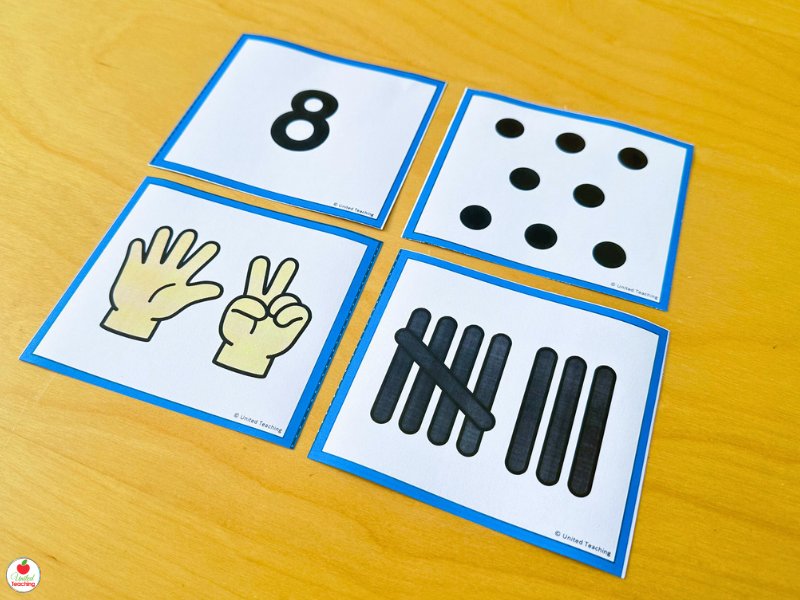 Subitizing flash cards for number 8 showing four representations: numeral, dot pattern, finger pattern, and tally marks