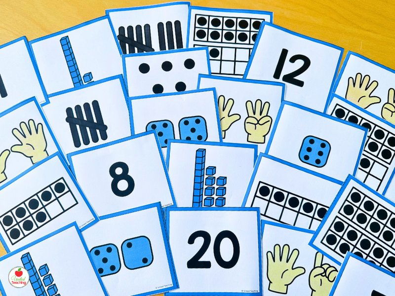 Spread of subitizing dot flash cards on a table showing numbers 8, 12, and 20 with multiple number representations