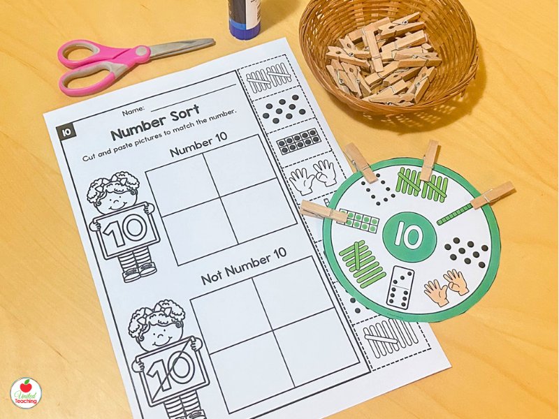 Number sort cut-and-paste worksheet for number 10 alongside subitizing clip card and clothespins basket for kindergarten math