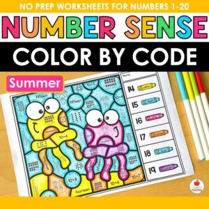 Summer Number Sense Color by Code product cover showing completed jellyfish worksheet for numbers 1-20