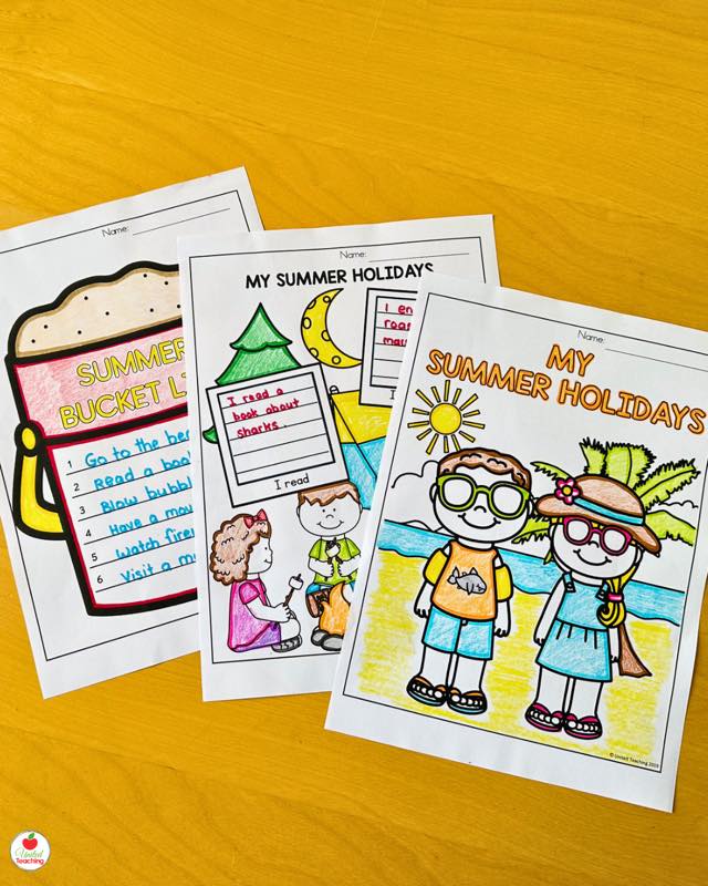 Free Summer Snapshots writing activity worksheets showing Summer Bucket List, My Summer Holidays camping writing page, and beach cover page