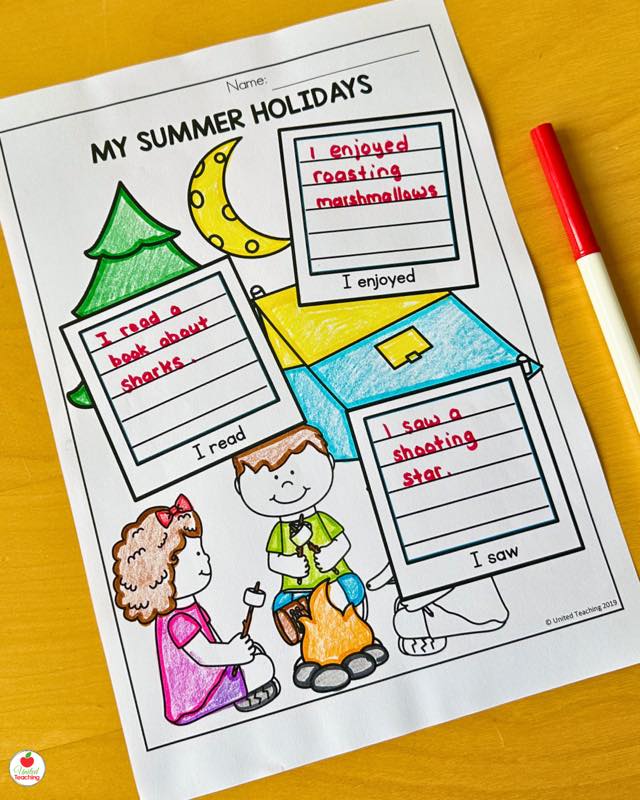 My Summer Holidays writing worksheet from Summer Snapshots free activity showing a camping scene with completed sentence starters: I read, I enjoyed, I saw