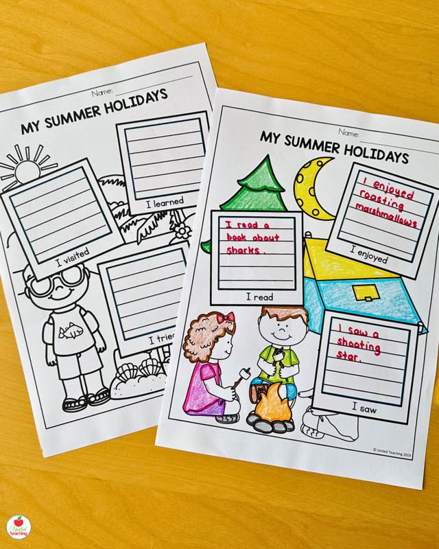My Summer Holidays writing worksheets from Summer Snapshots free activity showing a blank page and a completed camping writing page with sentence starters