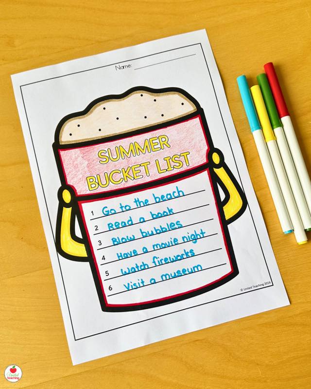 Summer Bucket List printable worksheet from Summer Snapshots free writing activity, completed with items like go to the beach, read a book, and blow bubbles