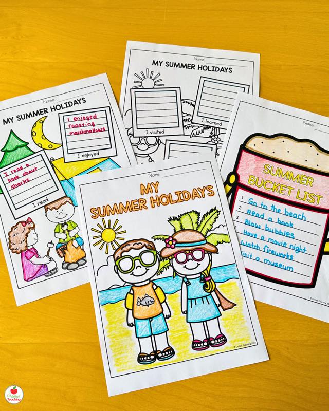 Summer Snapshots free writing activity showing all included worksheets: My Summer Holidays writing pages and Summer Bucket List printable fanned out on a yellow background