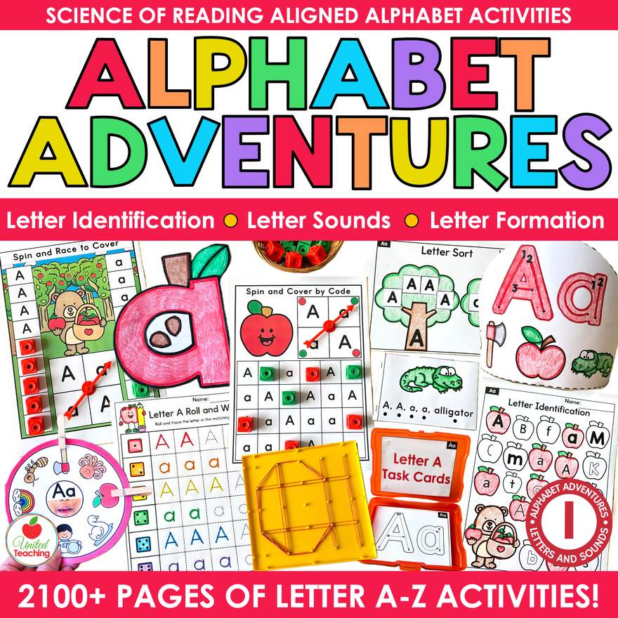 Alphabet Adventures Curriculum Bundle cover, Science of Reading aligned letter A-Z activities for kindergarten