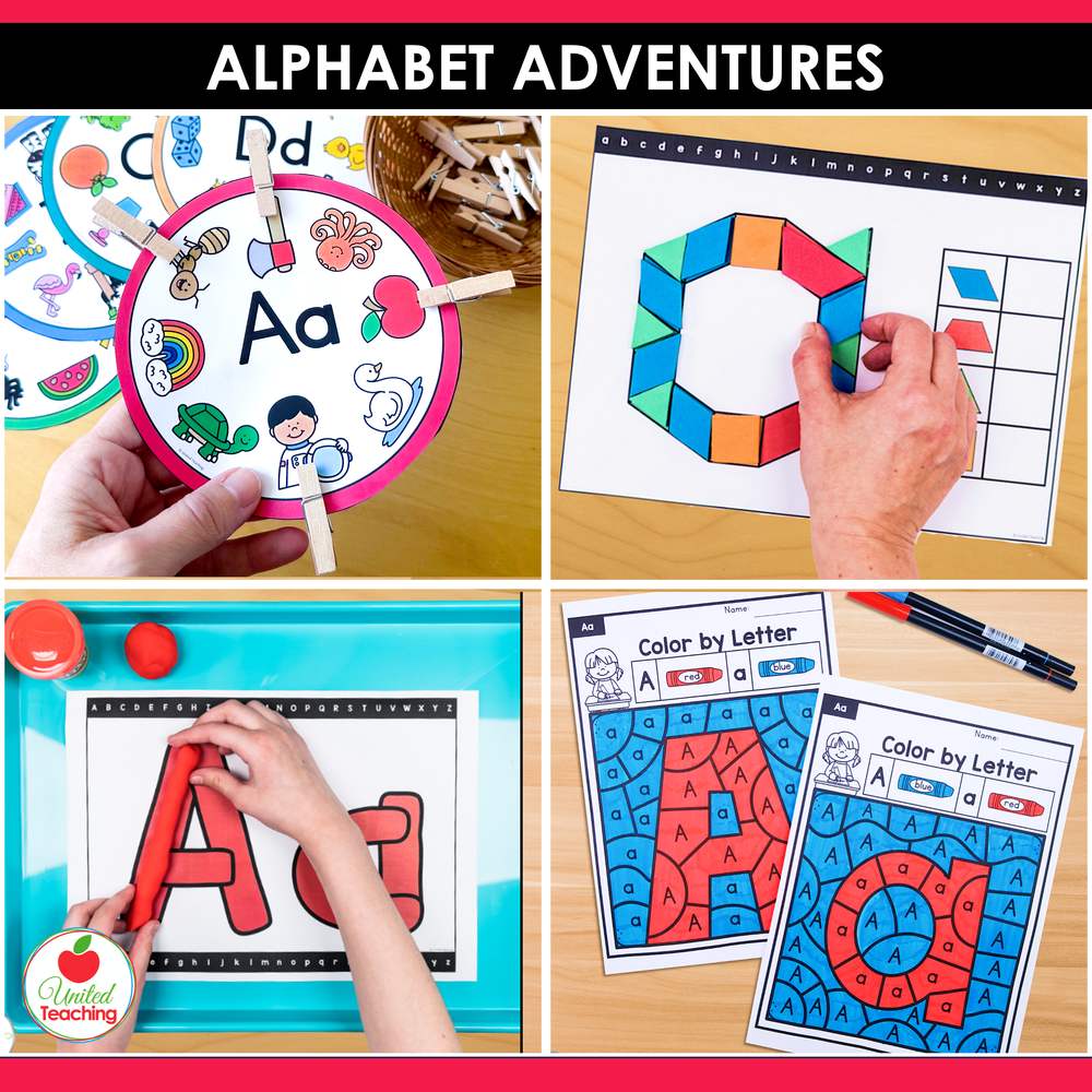 Alphabet Adventures hands-on letter mats, clip cards, pattern block and playdough letter building