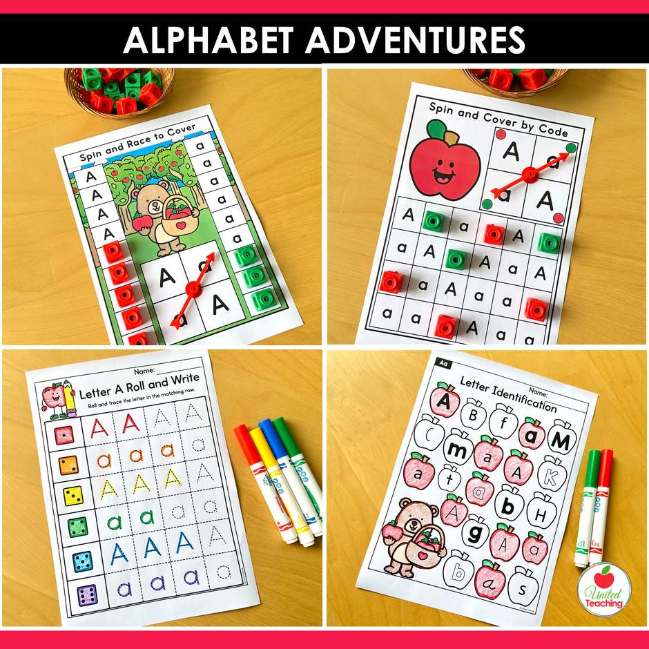 Alphabet Adventures Letter A centers, spin and cover games, roll and write and letter identification