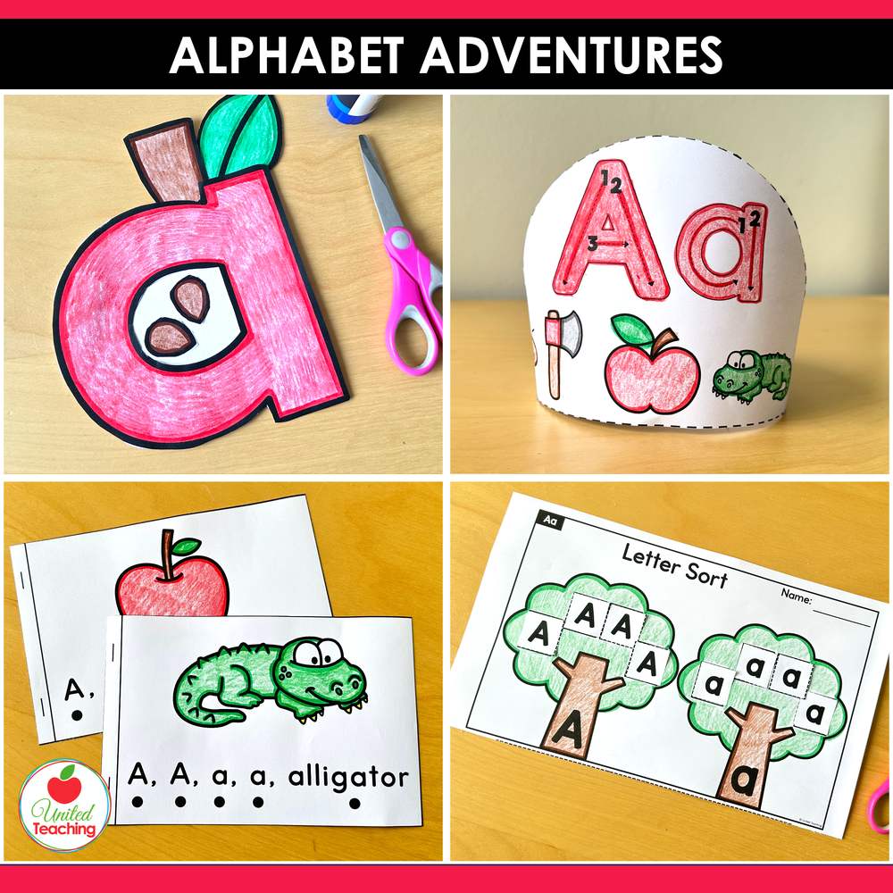 Alphabet Adventures Letter A crafts, apple craft, letter hat, alligator reader and letter sort