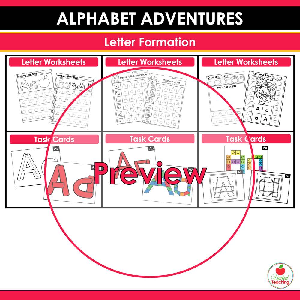 Alphabet Adventures letter formation worksheets and task cards for tracing and writing practice