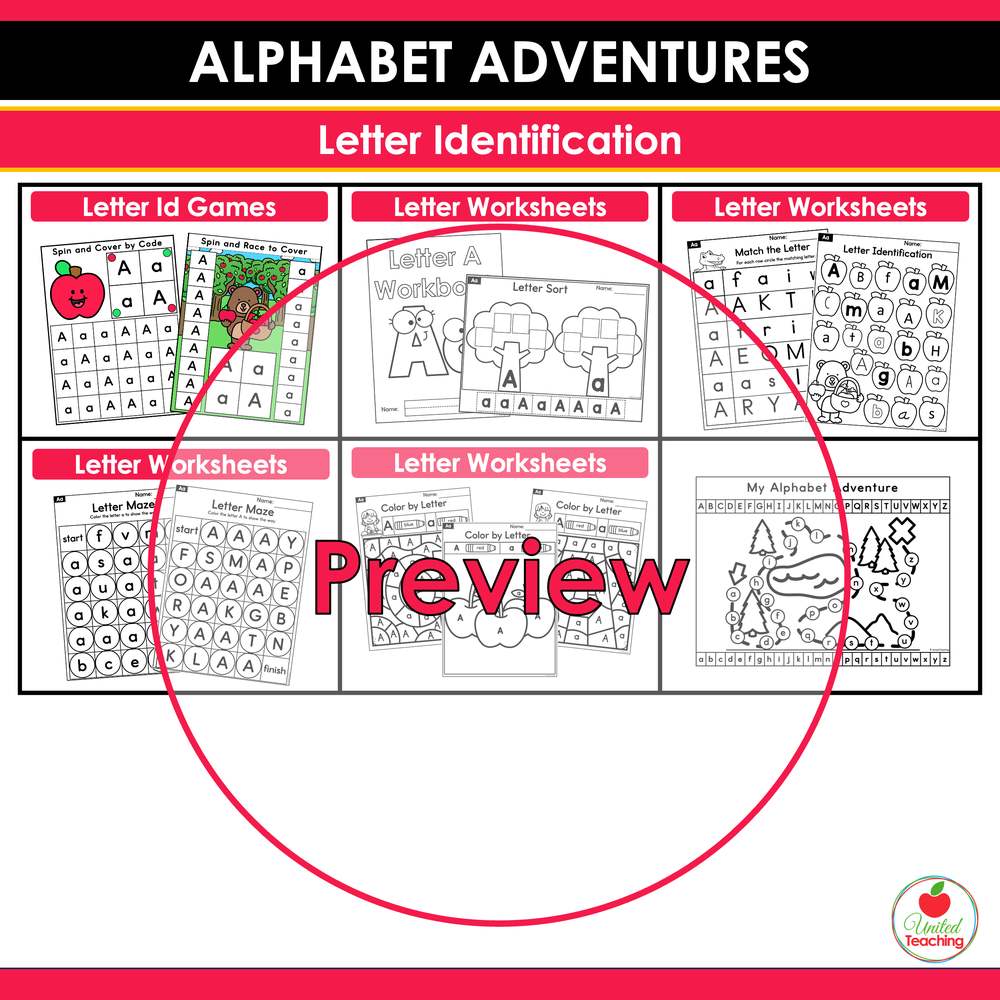 Alphabet Adventures letter identification games, worksheets and letter mazes for kindergarten