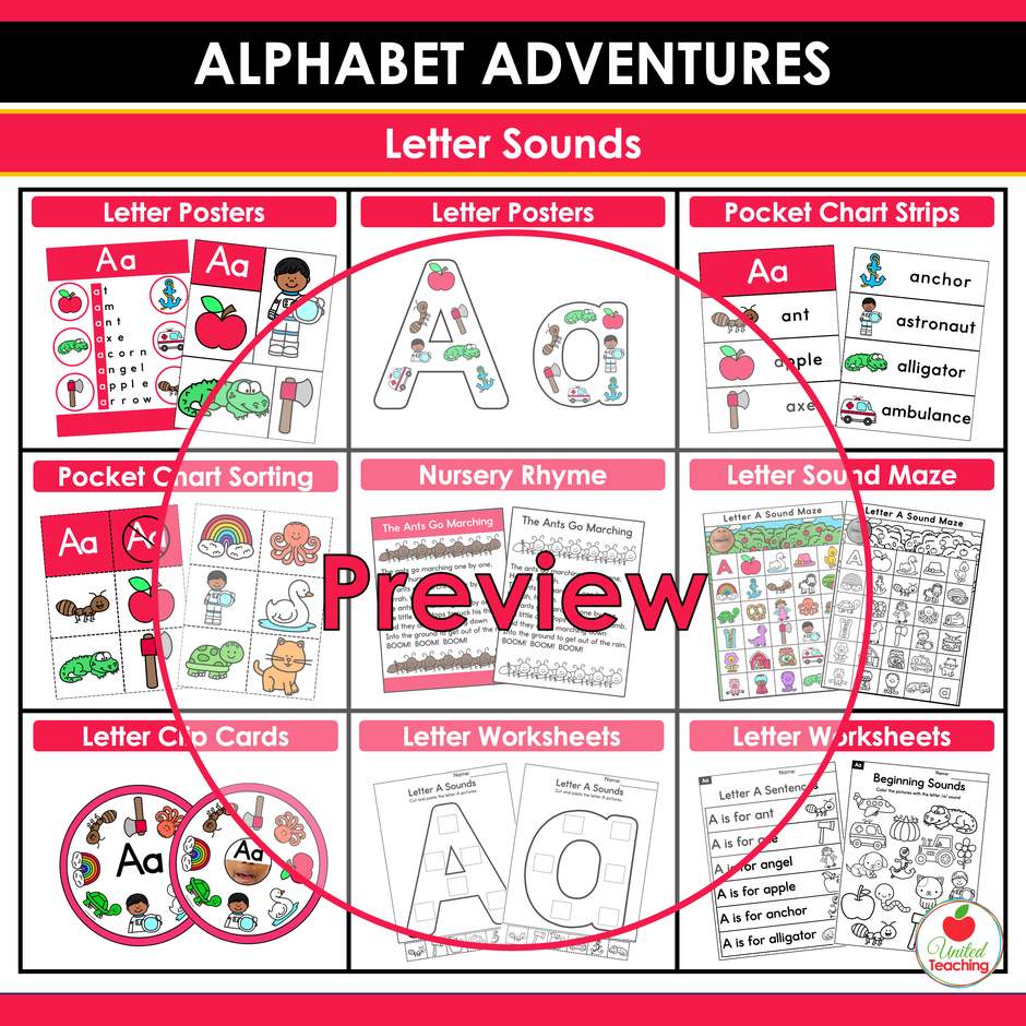 Alphabet Adventures letter sounds activities, posters, pocket chart cards and beginning sound mazes