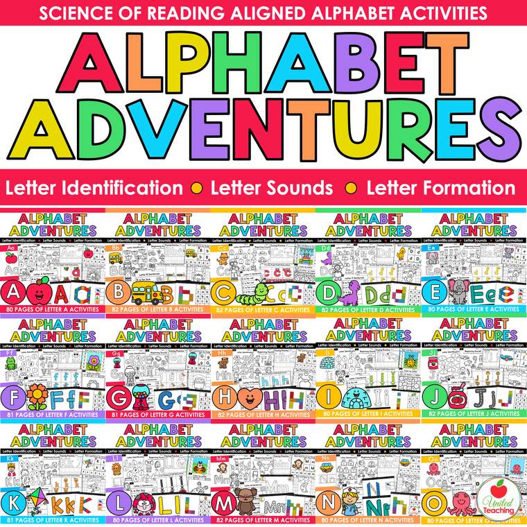 Alphabet Adventures letter packets A to O, Science of Reading aligned covers with page counts