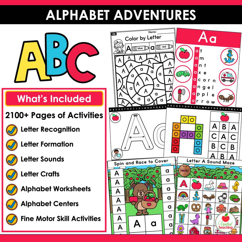 Alphabet Adventures what's included, 2100+ pages of letter recognition, formation, sounds and crafts