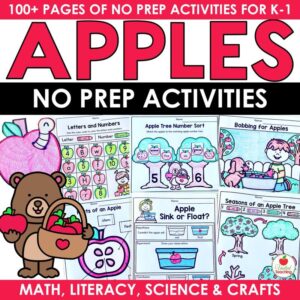 Apple No Prep Activities packet cover with math, literacy, science, and craft worksheets for K-1