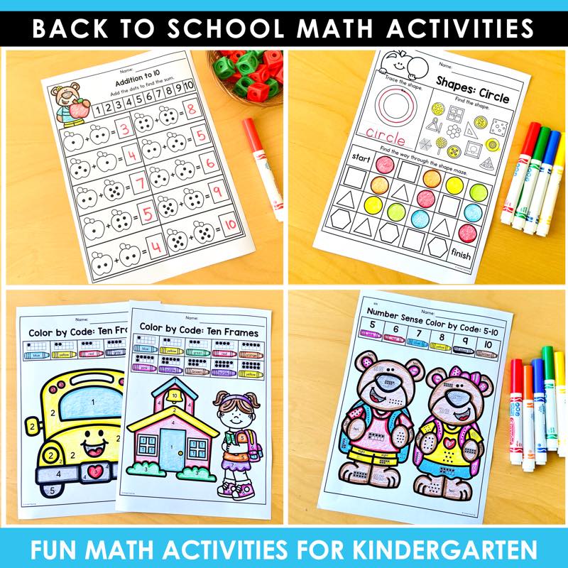 Back to School Math Activities Kindergarten addition to 10, circle shape maze and color by code ten frames pages