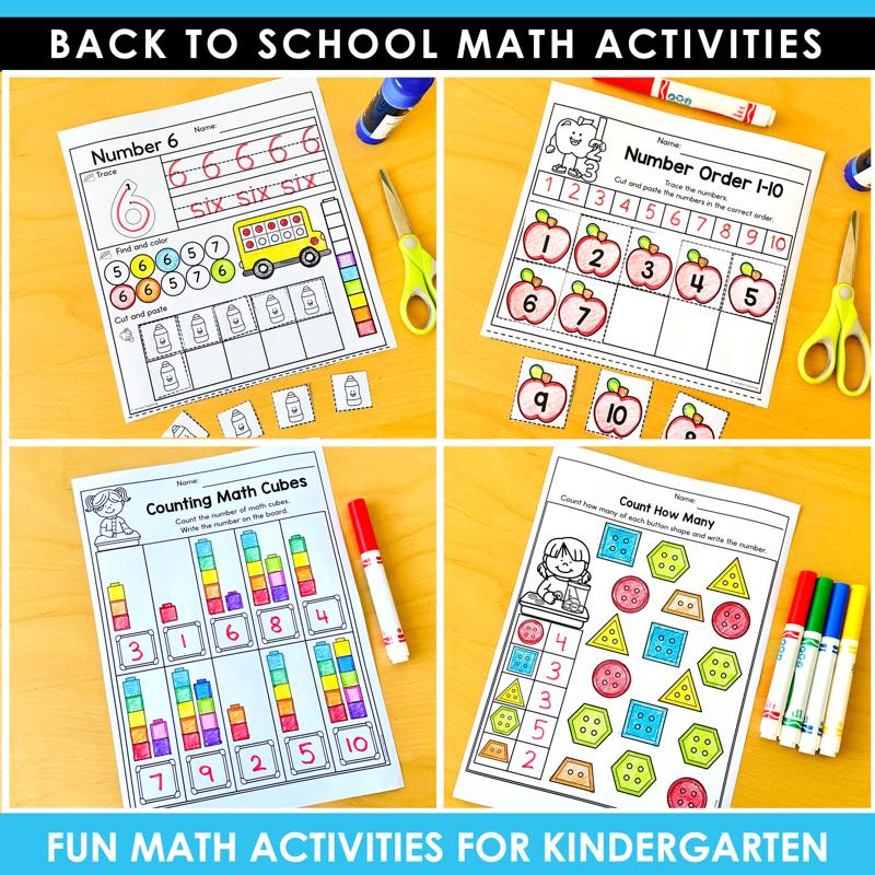Back to School Math Activities Kindergarten number tracing, number order, counting math cubes and count how many pages