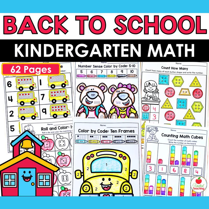 Back to School Math Activities for Kindergarten cover with color by code, counting and shape worksheets, 62 pages