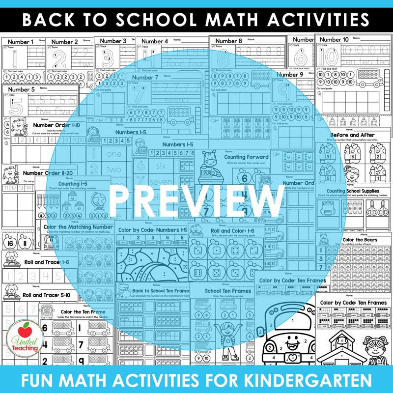 Back to School Math Activities Kindergarten preview showing number tracing, counting and ten frame worksheets