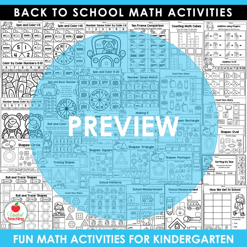 Back to School Math Activities Kindergarten preview showing addition, shapes, patterns and measurement worksheets