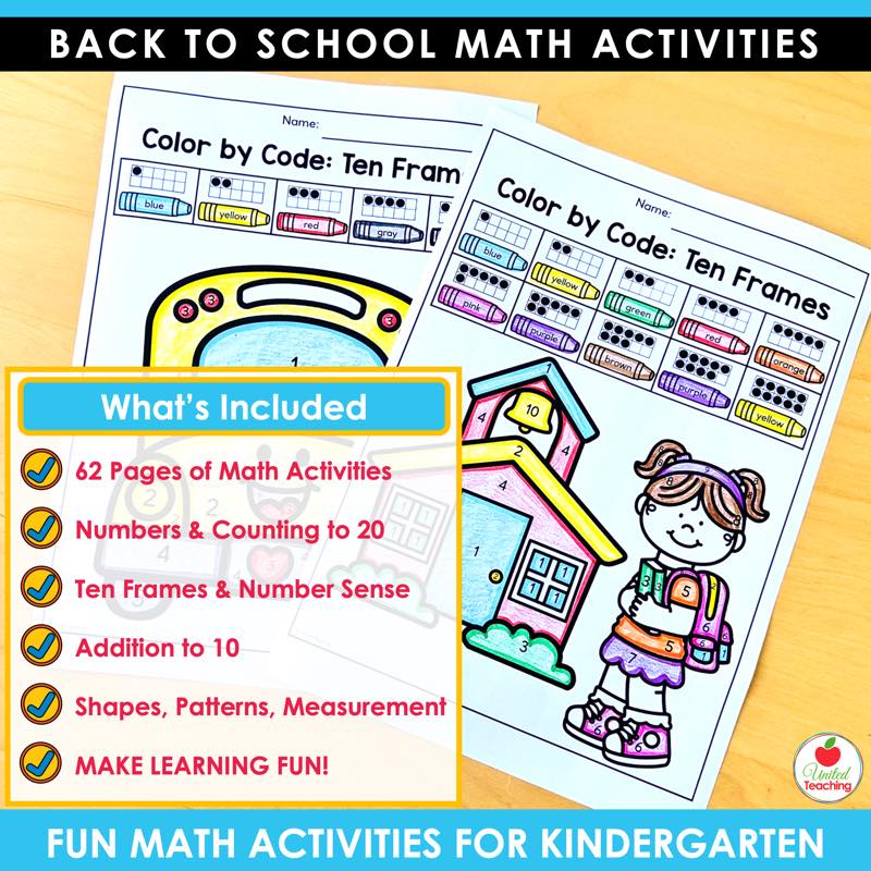 Back to School Math Activities Kindergarten included list with two color by code ten frames worksheets