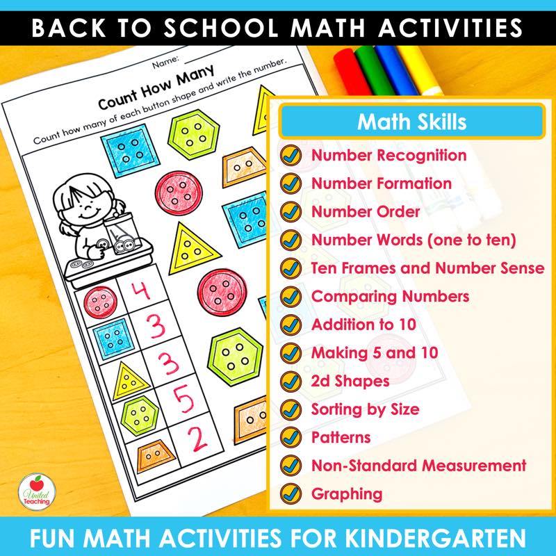 Back to School Math Activities Kindergarten math skills list beside a count how many button shapes worksheet