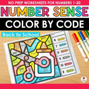 Back to School Number Sense Color by Code worksheets cover with a crayon jar worksheet and number representations