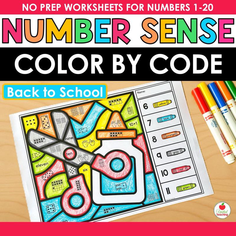 Back to School Number Sense Color by Code worksheets cover with a crayon jar worksheet and number representations