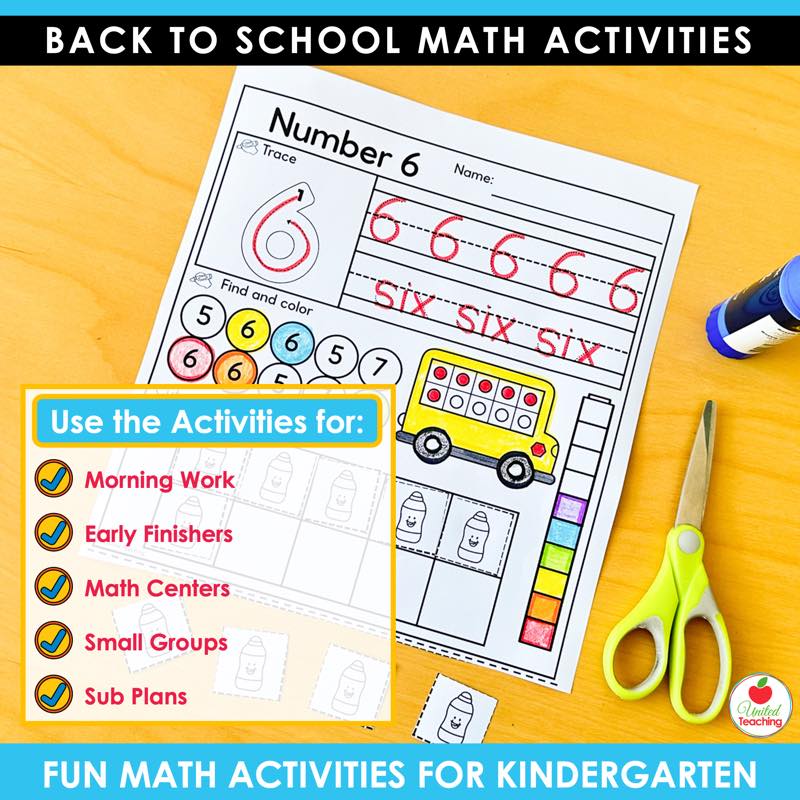 Back to School Math Activities Kindergarten number 6 tracing worksheet with trace, find and color, cut and paste