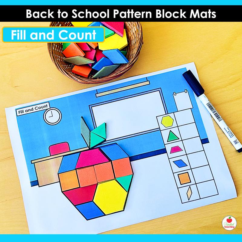 Fill and Count apple pattern block mat with a counting table from Back to School Pattern Block Mats