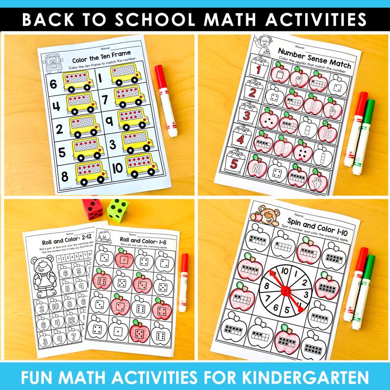 Back to School Math Activities Kindergarten ten frame, number sense match, roll and color and spin and color pages