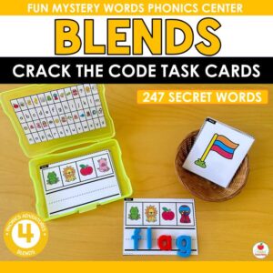 Blends Crack the Code Task Cards cover with yellow photo box, picture card in basket, and magnetic letters spelling flag