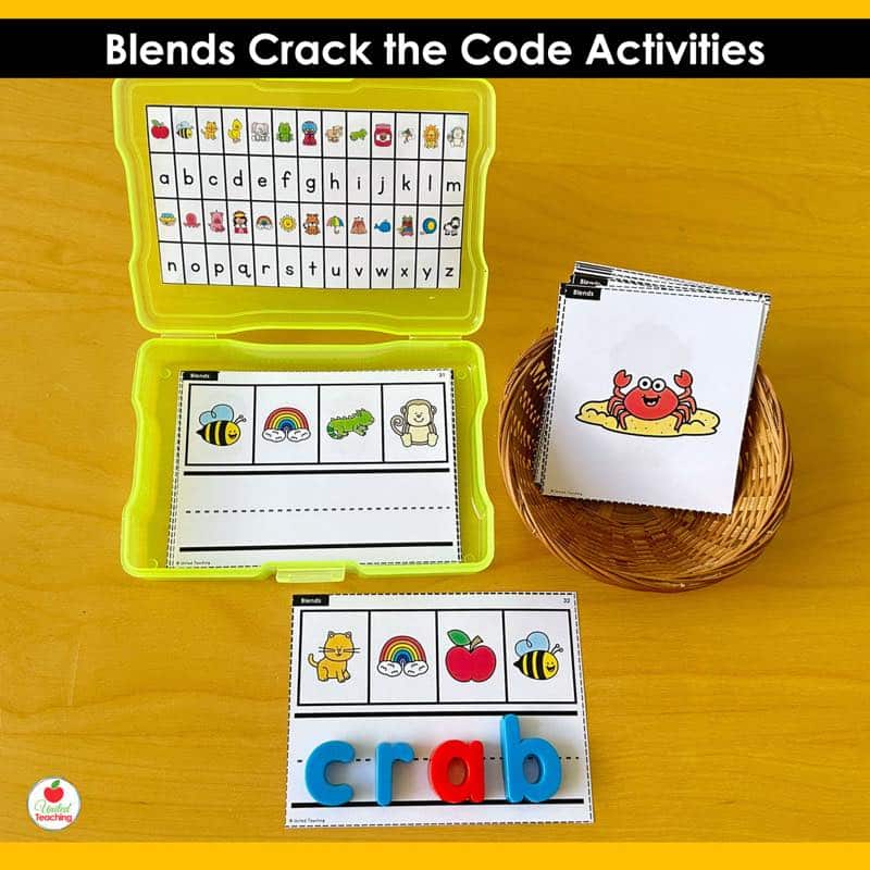 Blends Crack the Code Task Cards cr blend activity with yellow photo box, picture cards, and magnetic letters spelling crab