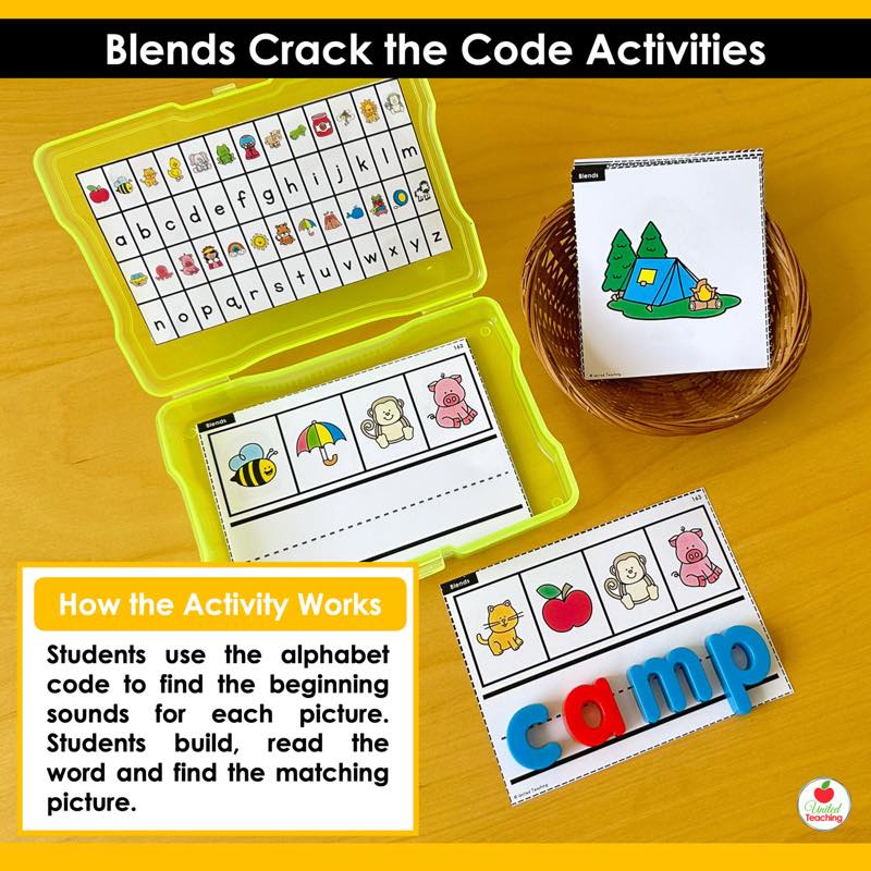 How the activity works for Blends Crack the Code Task Cards with photo box, picture clues, and magnetic letters spelling camp