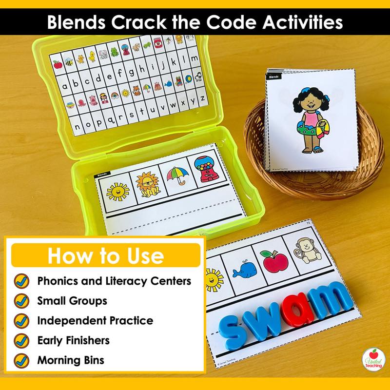 How to Use Blends Crack the Code Task Cards with photo box and magnetic letters spelling swam