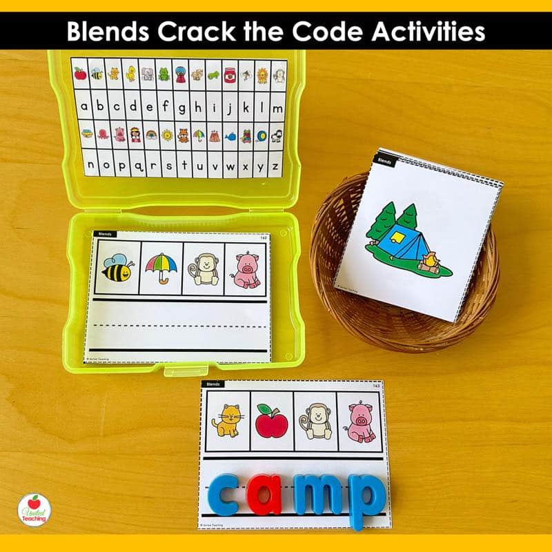 Blends Crack the Code Task Cards mp blend activity with alphabet code photo box and magnetic letters spelling camp