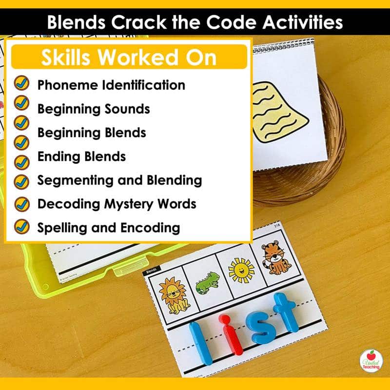 Skills Worked On in Blends Crack the Code Task Cards covering beginning blends, ending blends, and decoding mystery words