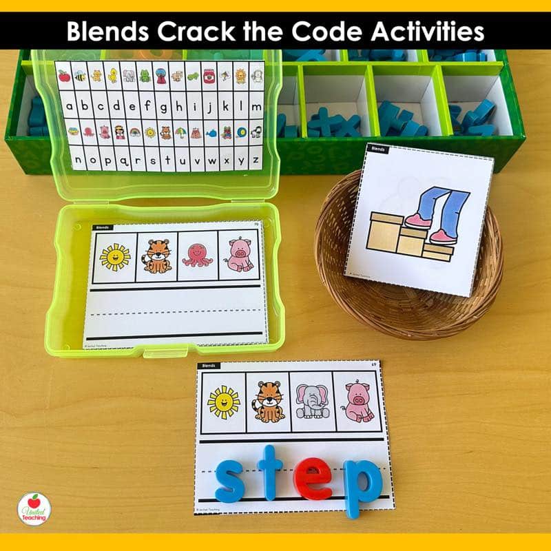 Blends Crack the Code Task Cards st blend activity with magnetic letter organizer, photo box, and letters spelling step