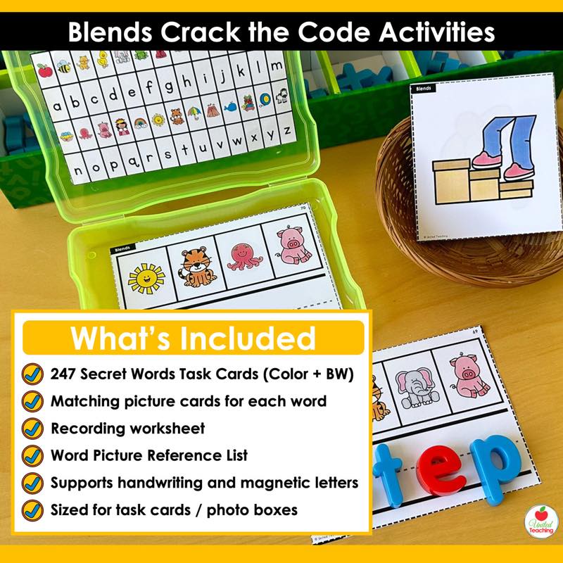 What's Included for Blends Crack the Code Task Cards showing photo box with alphabet code and magnetic letters