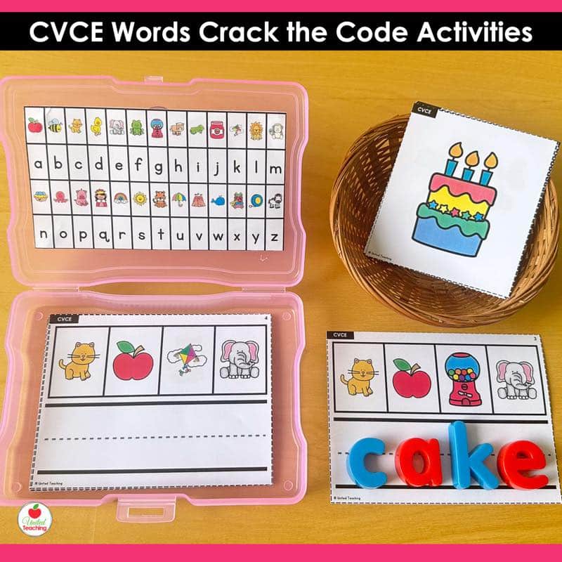 CVCe Words Crack the Code Task Cards a-e activity with pink photo box, picture cards, and magnetic letters spelling cake