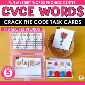 CVCe Words Crack the Code Task Cards cover with pink photo box, rose picture card, and magnetic letters spelling rose