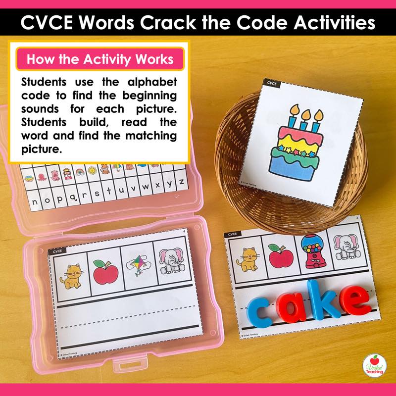 How the activity works for CVCe Words Crack the Code Task Cards with photo box and magnetic letters spelling cake